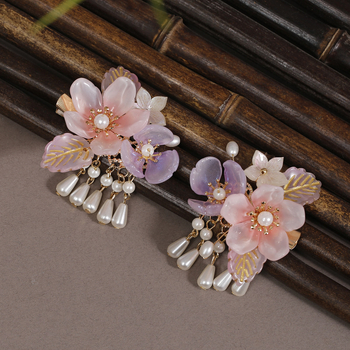 Детска щипка за коса в древнокитайски стил, форма цвете, ръчна изработка, с ресни и пеперуда