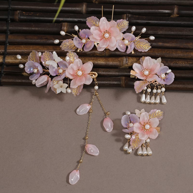 Детска щипка за коса в древнокитайски стил, форма цвете, ръчна изработка, с ресни и пеперуда