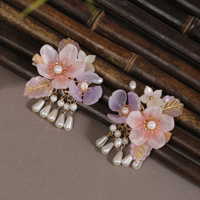 Детска щипка за коса в древнокитайски стил, форма цвете, ръчна изработка, с ресни и пеперуда