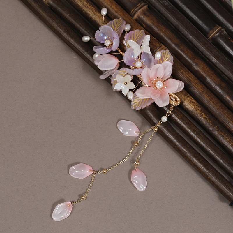 Детска щипка за коса в древнокитайски стил, форма цвете, ръчна изработка, с ресни и пеперуда