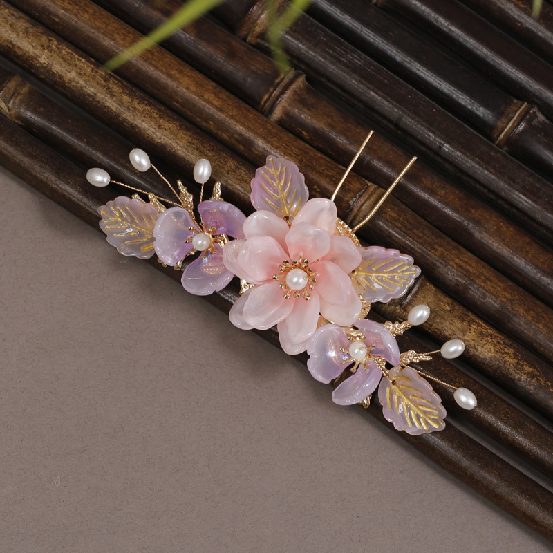 Детска щипка за коса в древнокитайски стил, форма цвете, ръчна изработка, с ресни и пеперуда