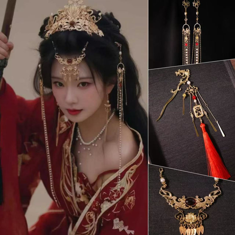 Hanfu hajdísz készlet — Ősi stílus, ötvözet, virágos motívum, kézzel készített, hosszú bojtok és U-pin a hajhoz