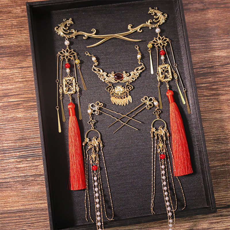 Hanfu hajdísz készlet — Ősi stílus, ötvözet, virágos motívum, kézzel készített, hosszú bojtok és U-pin a hajhoz