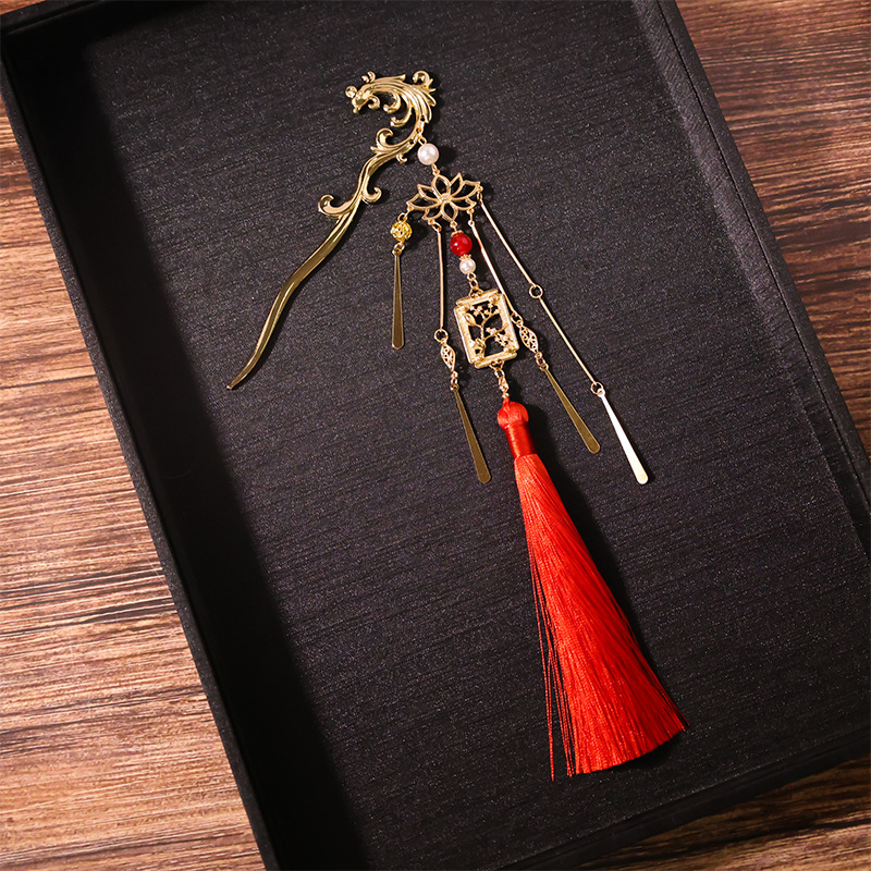 Hanfu hajdísz készlet — Ősi stílus, ötvözet, virágos motívum, kézzel készített, hosszú bojtok és U-pin a hajhoz