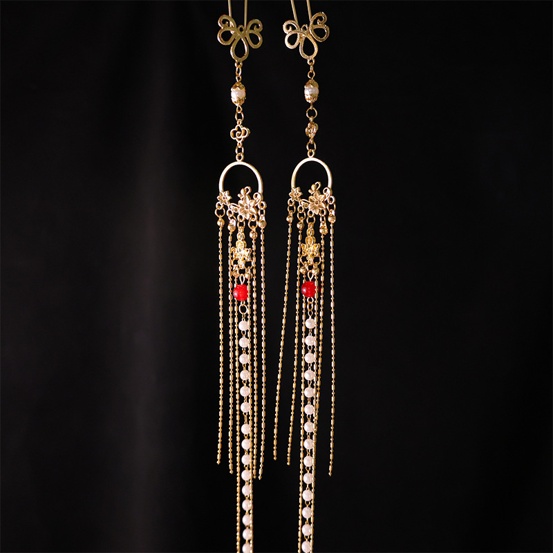 Hanfu hajdísz készlet — Ősi stílus, ötvözet, virágos motívum, kézzel készített, hosszú bojtok és U-pin a hajhoz