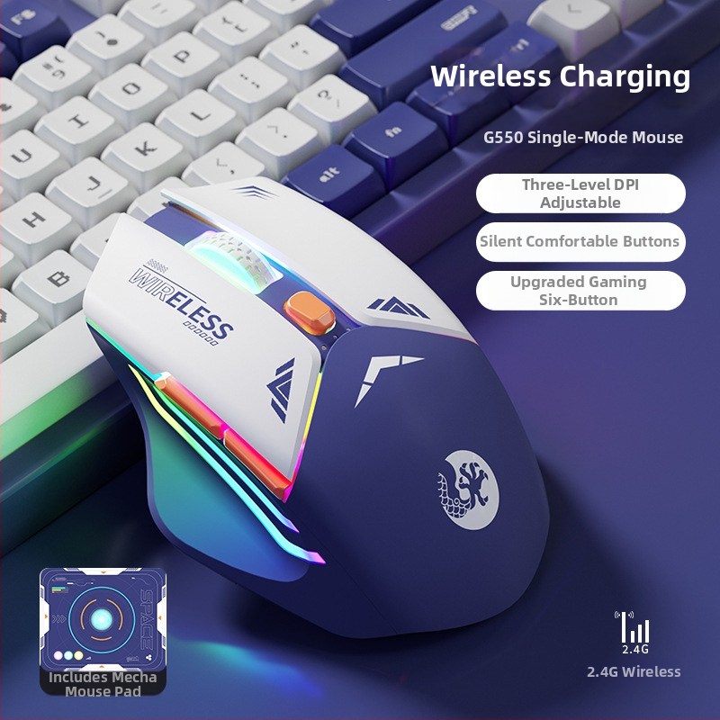 6 mygtukų mechaninė žaidimų pelė, 1600 DPI optinis jutiklis, dviguba režimai 2.4G/Bluetooth, tylus įkrovimas, ergonomiškas dizainas