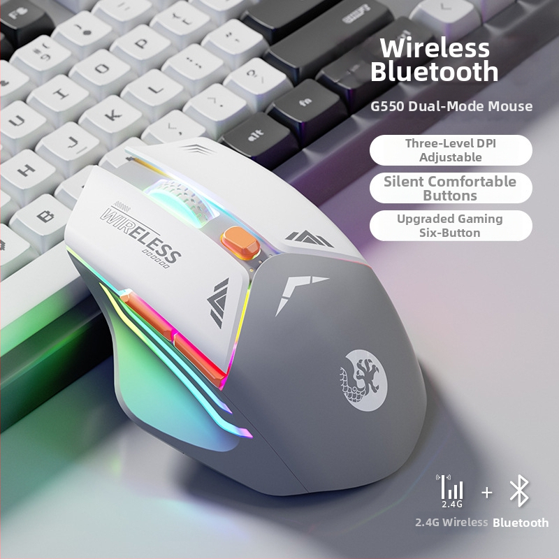 6 mygtukų mechaninė žaidimų pelė, 1600 DPI optinis jutiklis, dviguba režimai 2.4G/Bluetooth, tylus įkrovimas, ergonomiškas dizainas