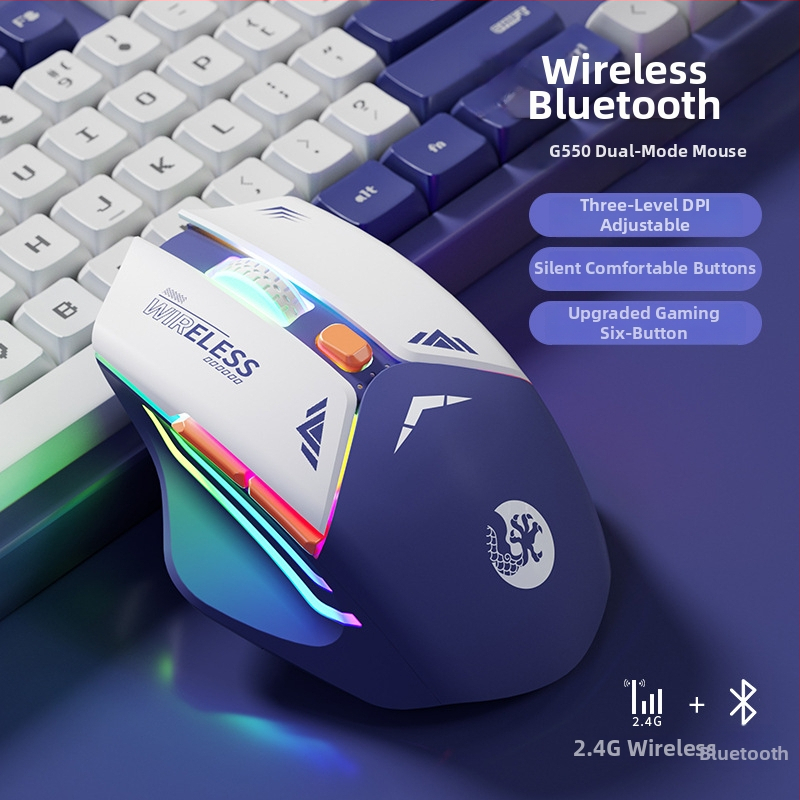 6 mygtukų mechaninė žaidimų pelė, 1600 DPI optinis jutiklis, dviguba režimai 2.4G/Bluetooth, tylus įkrovimas, ergonomiškas dizainas