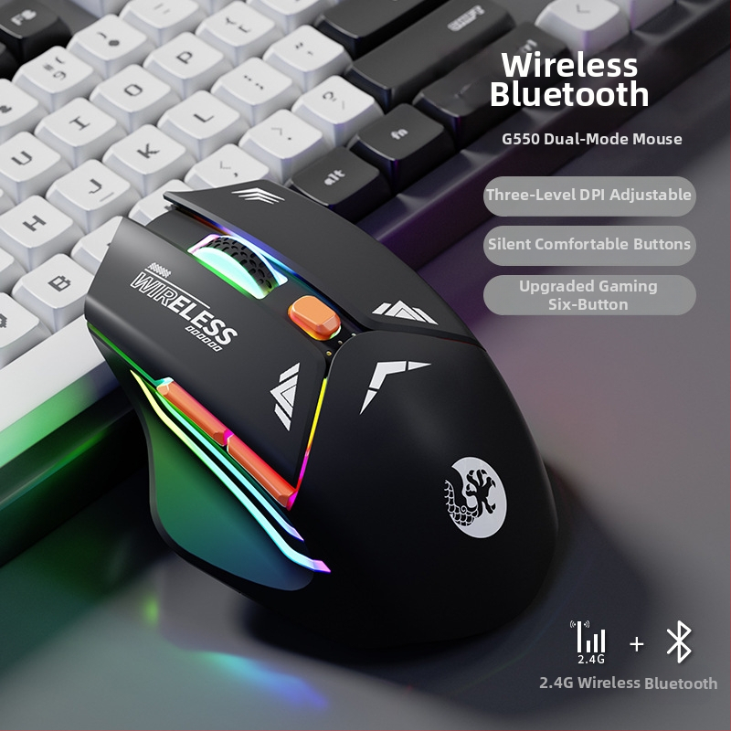 6 mygtukų mechaninė žaidimų pelė, 1600 DPI optinis jutiklis, dviguba režimai 2.4G/Bluetooth, tylus įkrovimas, ergonomiškas dizainas