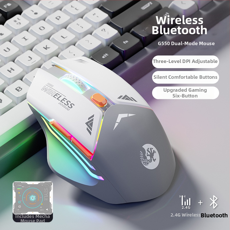 6 mygtukų mechaninė žaidimų pelė, 1600 DPI optinis jutiklis, dviguba režimai 2.4G/Bluetooth, tylus įkrovimas, ergonomiškas dizainas