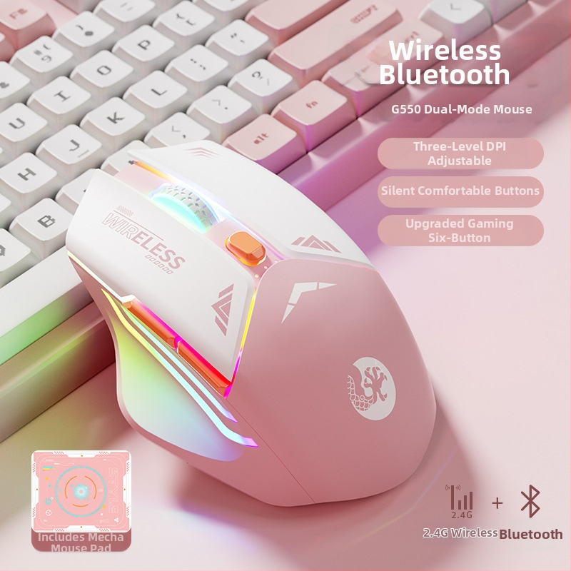 6 mygtukų mechaninė žaidimų pelė, 1600 DPI optinis jutiklis, dviguba režimai 2.4G/Bluetooth, tylus įkrovimas, ergonomiškas dizainas