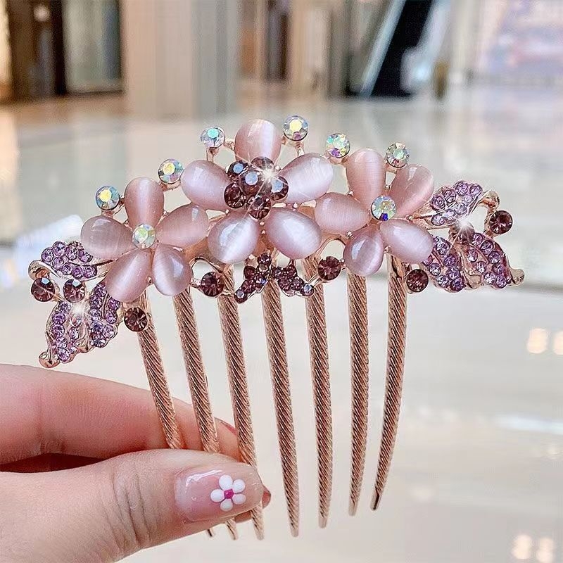Hajni od legure s cvjetnim dizajnom, sedam zubi, Citrin kristal, efekt mačjeg oka, elektroplatiranje