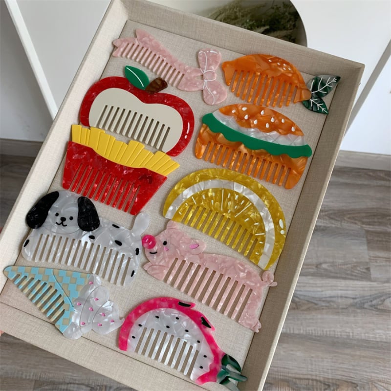 Гребен за коса ацетат, карикатурен стил, ръчна изработка, женски дизайн с плодово‑карикатурен мотив