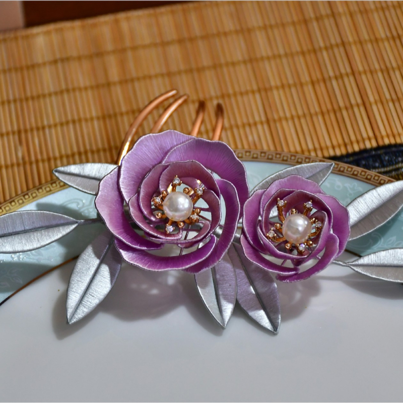 Алуминиева фиба за коса – ръчно изработена флорална украса, древнокитайски Хан стил, унисекс, произход: Шилонг район, Пингдиншан, Хенан, зима 2024