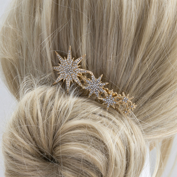 Pieptene metalic pentru păr, stil coreean, motiv fulg de zăpadă și cristale albe, placare electrolitică