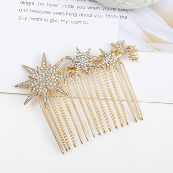 Pieptene metalic pentru păr, stil coreean, motiv fulg de zăpadă și cristale albe, placare electrolitică