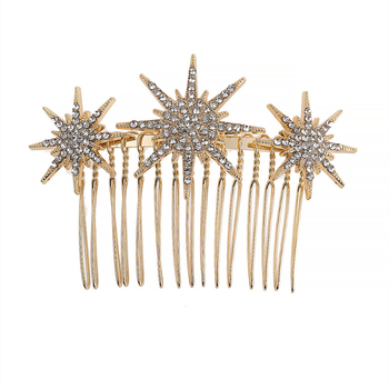 Pieptene metalic pentru păr, stil coreean, motiv fulg de zăpadă și cristale albe, placare electrolitică