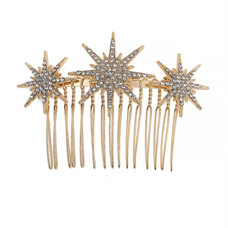 Pieptene metalic pentru păr, stil coreean, motiv fulg de zăpadă și cristale albe, placare electrolitică