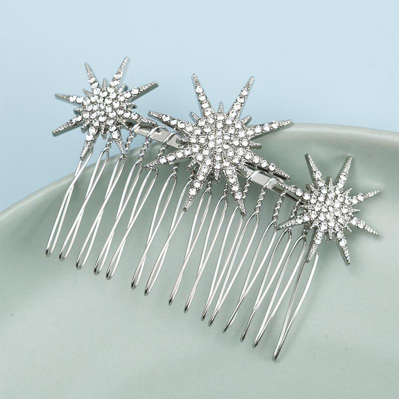 Pieptene metalic pentru păr, stil coreean, motiv fulg de zăpadă și cristale albe, placare electrolitică