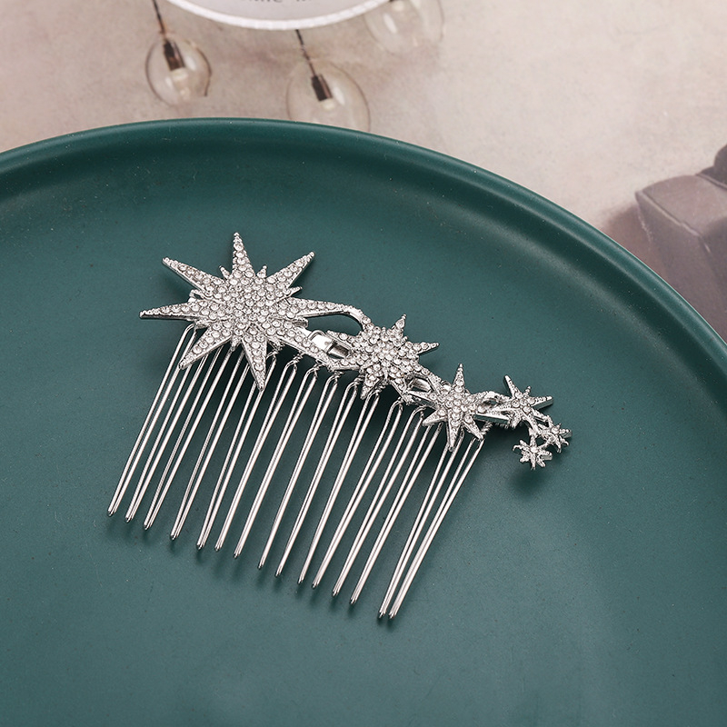 Pieptene metalic pentru păr, stil coreean, motiv fulg de zăpadă și cristale albe, placare electrolitică