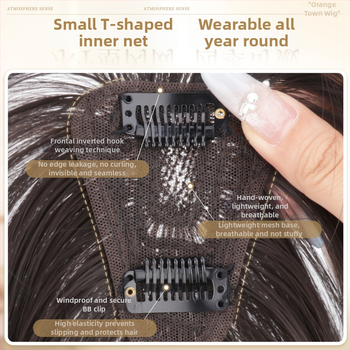 Sieviešu peruka ar bangs, īsta matu un zīda maisījums augšējā daļā tilpuma dēļ, neredzamas šuves, viegla, modelis HS-02, pusrokām adīta