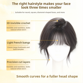 Sieviešu peruka ar bangs, īsta matu un zīda maisījums augšējā daļā tilpuma dēļ, neredzamas šuves, viegla, modelis HS-02, pusrokām adīta