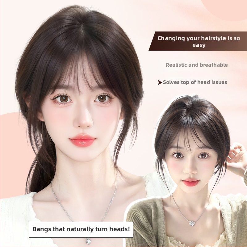 Sieviešu peruka ar bangs, īsta matu un zīda maisījums augšējā daļā tilpuma dēļ, neredzamas šuves, viegla, modelis HS-02, pusrokām adīta