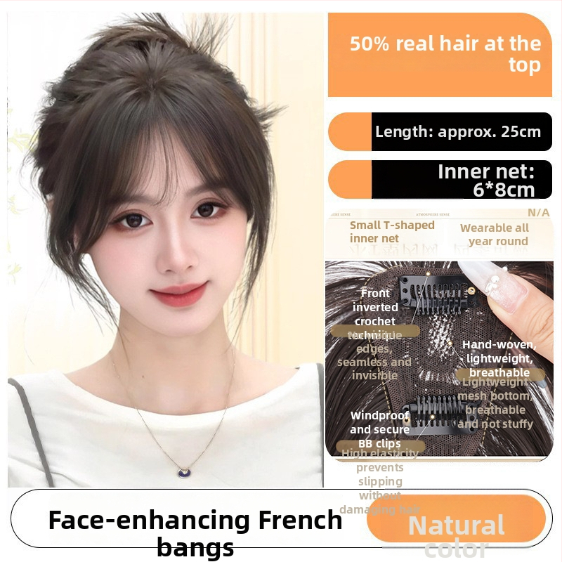 Sieviešu peruka ar bangs, īsta matu un zīda maisījums augšējā daļā tilpuma dēļ, neredzamas šuves, viegla, modelis HS-02, pusrokām adīta