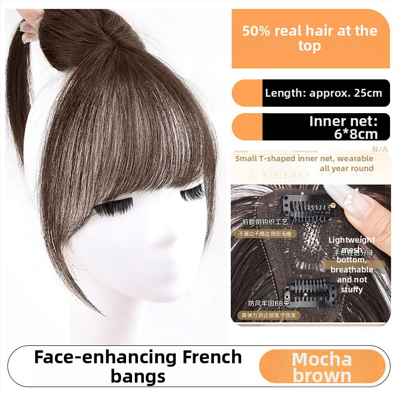 Sieviešu peruka ar bangs, īsta matu un zīda maisījums augšējā daļā tilpuma dēļ, neredzamas šuves, viegla, modelis HS-02, pusrokām adīta