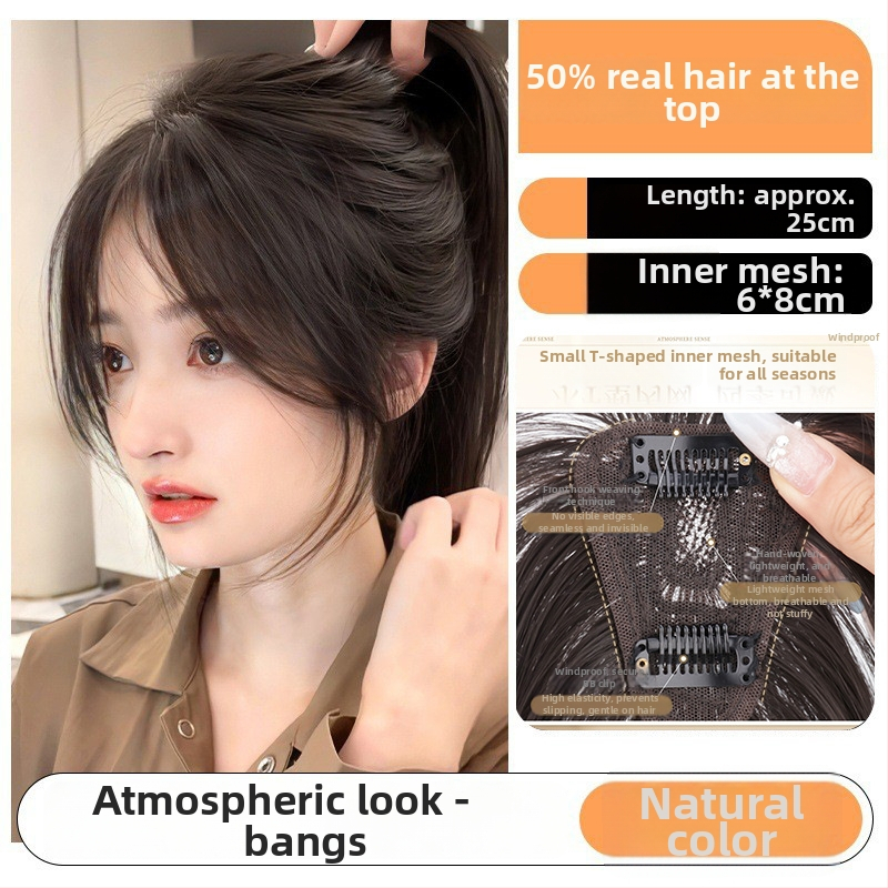 Sieviešu peruka ar bangs, īsta matu un zīda maisījums augšējā daļā tilpuma dēļ, neredzamas šuves, viegla, modelis HS-02, pusrokām adīta