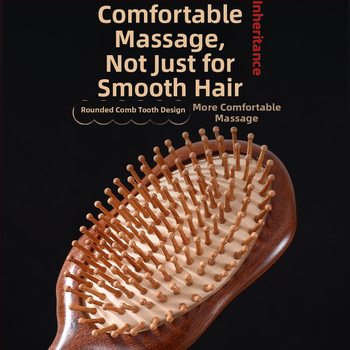Fából készült hajápoló fésű légpárnás masszázsra a fejbőrön, arany szantálfa, nagy kör alakú fej, kerek fogak, eredet: Linyi