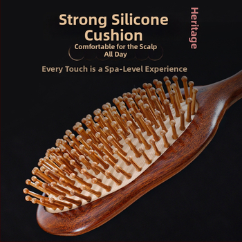 Fából készült hajápoló fésű légpárnás masszázsra a fejbőrön, arany szantálfa, nagy kör alakú fej, kerek fogak, eredet: Linyi