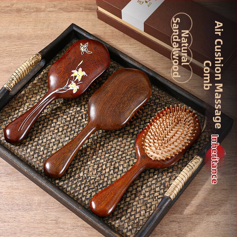 Дървена четка за коса с въздушна възглавница за масаж на скалпа, златно сандалово дърво, голяма кръгла глава, кръгли зъби, произход Linyi