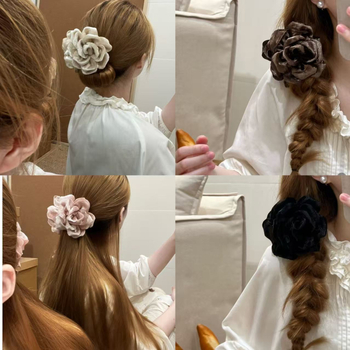 Clamă de păr din catifea cu camelia, clemă cu dinți, lucrată manual, stil feeric