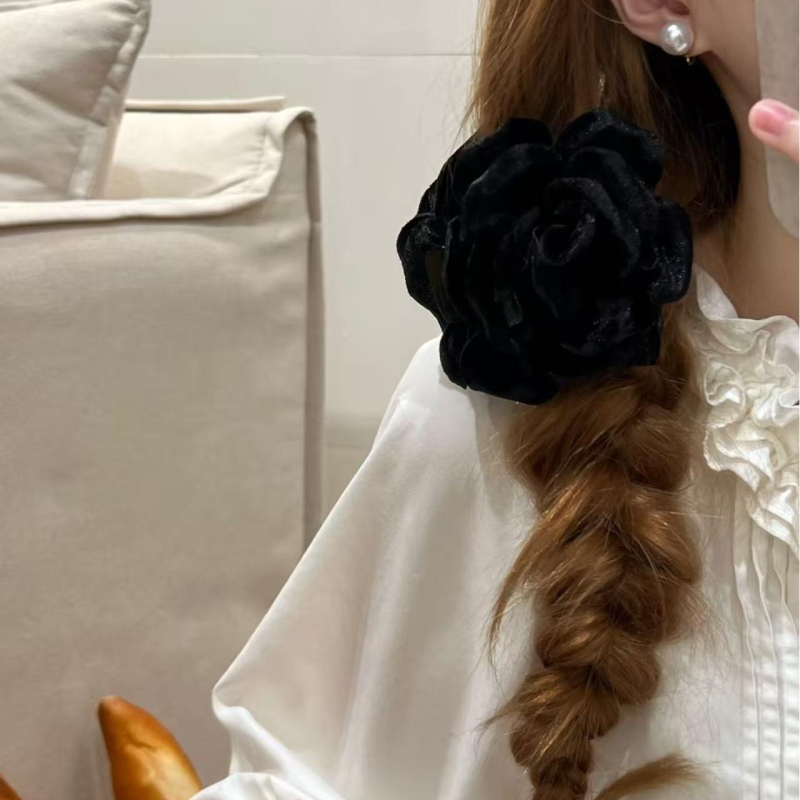 Clamă de păr din catifea cu camelia, clemă cu dinți, lucrată manual, stil feeric