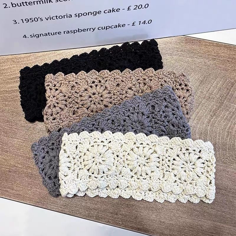Ženska traka za kosu - Ručno izrađena u japansko-korejskom stilu, široka pletena pamuk traka, detalj šupljeg cvijeta, za pranje lica, jednostavan modni dodatak, proljeće 2025
