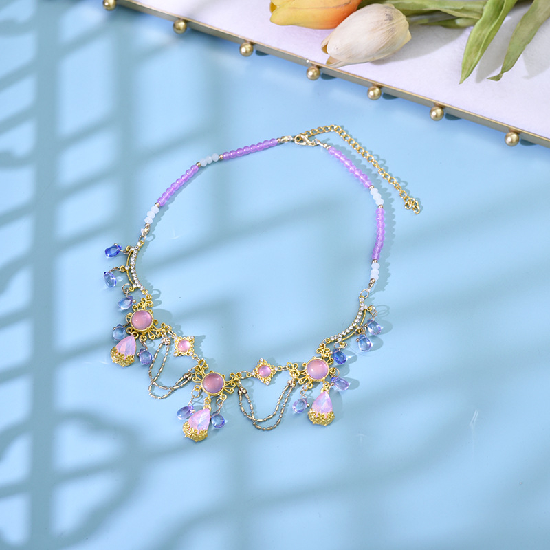 Colier cu cristal ochi de pisică, stil exotic, finisaj electroplatinat, accesorii Hanfu, vară 2024