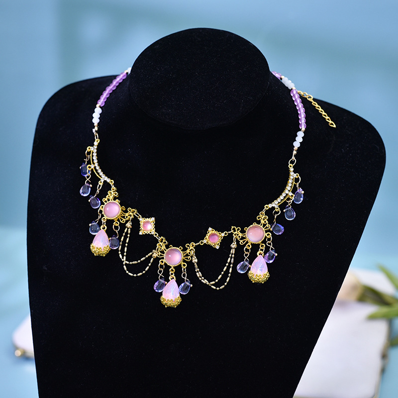 Colier cu cristal ochi de pisică, stil exotic, finisaj electroplatinat, accesorii Hanfu, vară 2024