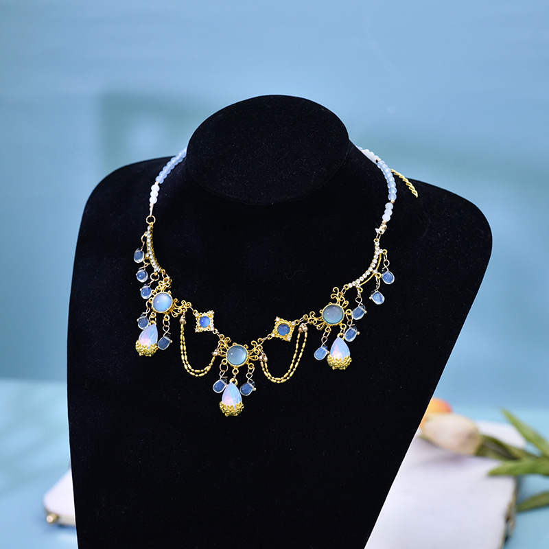 Colier cu cristal ochi de pisică, stil exotic, finisaj electroplatinat, accesorii Hanfu, vară 2024