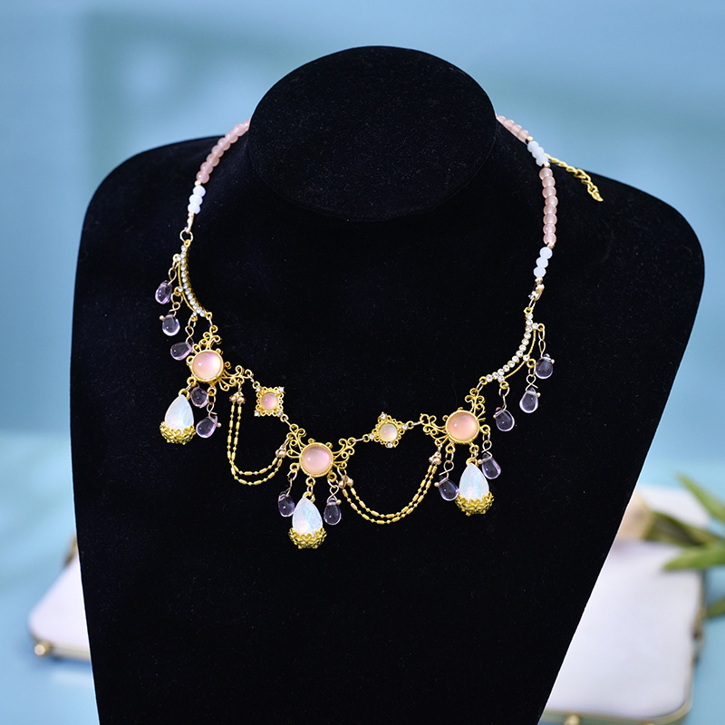 Colier cu cristal ochi de pisică, stil exotic, finisaj electroplatinat, accesorii Hanfu, vară 2024