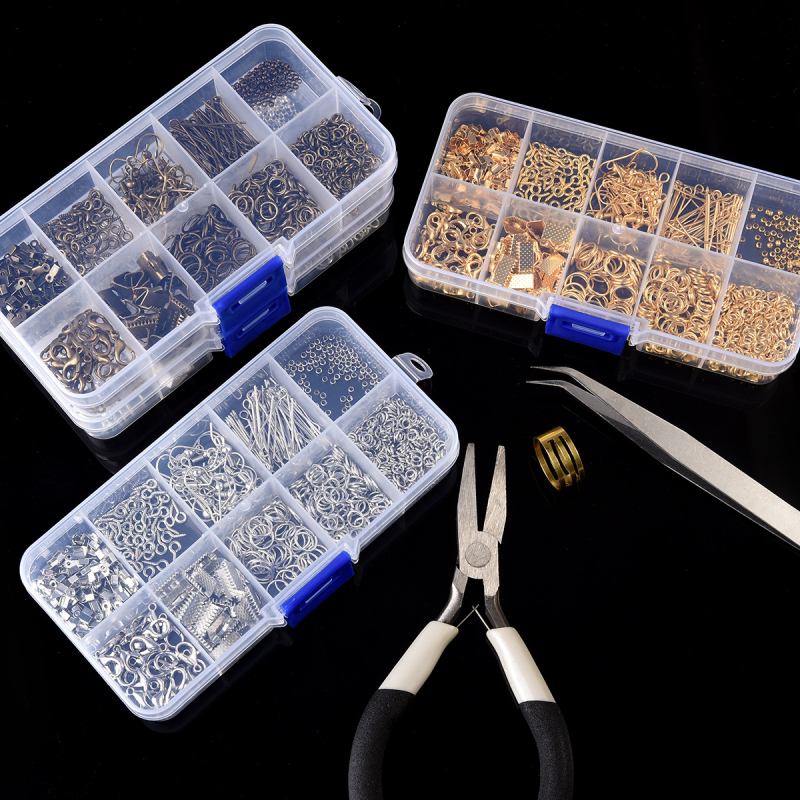 DIY set nakita: karabin kopča, bočna kopča, otvoreni prstenovi s jednim petljom, 9-pin igle za naušnice, naušnički kukice; metal, elektroplatina; u kutiji
