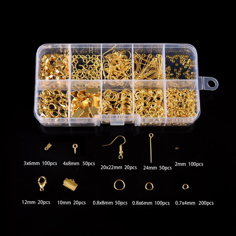 DIY set nakita: karabin kopča, bočna kopča, otvoreni prstenovi s jednim petljom, 9-pin igle za naušnice, naušnički kukice; metal, elektroplatina; u kutiji