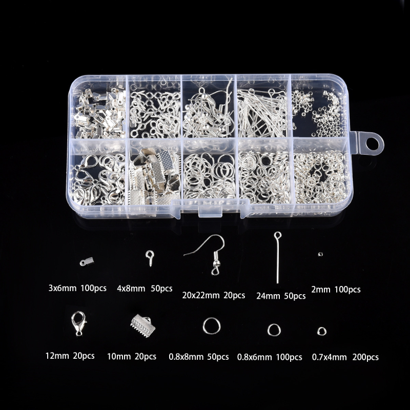 DIY set nakita: karabin kopča, bočna kopča, otvoreni prstenovi s jednim petljom, 9-pin igle za naušnice, naušnički kukice; metal, elektroplatina; u kutiji