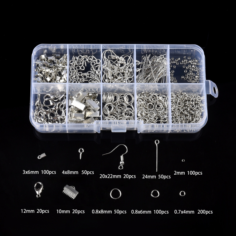 DIY set nakita: karabin kopča, bočna kopča, otvoreni prstenovi s jednim petljom, 9-pin igle za naušnice, naušnički kukice; metal, elektroplatina; u kutiji