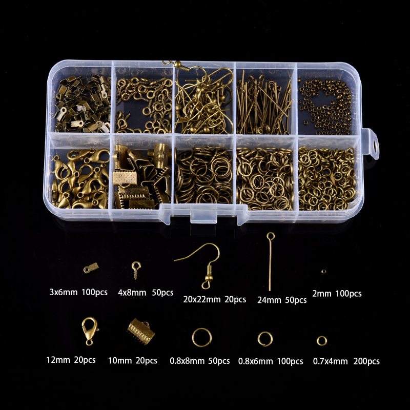 DIY set nakita: karabin kopča, bočna kopča, otvoreni prstenovi s jednim petljom, 9-pin igle za naušnice, naušnički kukice; metal, elektroplatina; u kutiji
