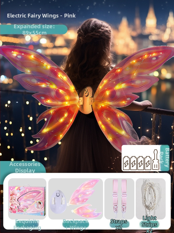 LED drugelio sparnų žaislas — automatiškai svyruojantys sparnai, garsas ir šviesa; plastmasinė konstrukcija; spalvota dėžutė; vaikams nuo 4 iki 6 metų