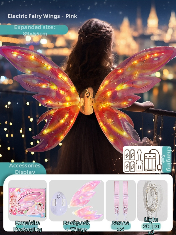 LED drugelio sparnų žaislas — automatiškai svyruojantys sparnai, garsas ir šviesa; plastmasinė konstrukcija; spalvota dėžutė; vaikams nuo 4 iki 6 metų