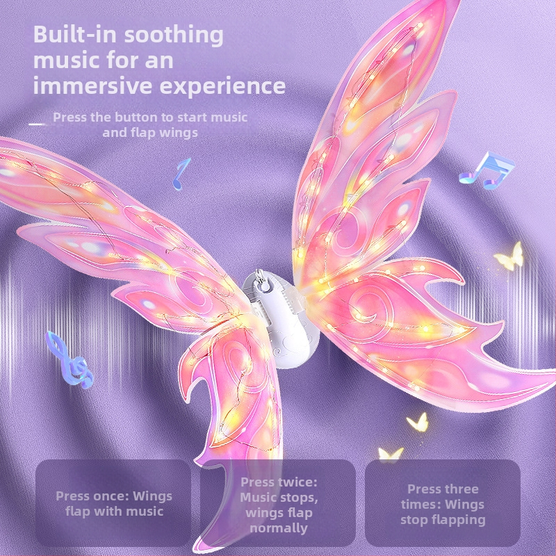 LED drugelio sparnų žaislas — automatiškai svyruojantys sparnai, garsas ir šviesa; plastmasinė konstrukcija; spalvota dėžutė; vaikams nuo 4 iki 6 metų
