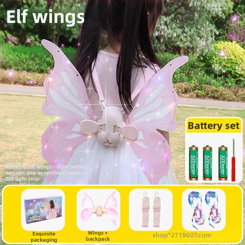 Mergaitei skirta žaislas: Elektriniai drugelių karalienės elfų sparnai su judančiais sparnais ir šviesos nugaros dekoru – interaktyvus šviesos žaislas, plastikas, 4–6 metų amžiaus, 3C sertifikatas.