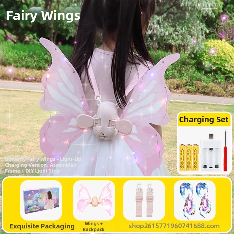 Mergaitei skirta žaislas: Elektriniai drugelių karalienės elfų sparnai su judančiais sparnais ir šviesos nugaros dekoru – interaktyvus šviesos žaislas, plastikas, 4–6 metų amžiaus, 3C sertifikatas.